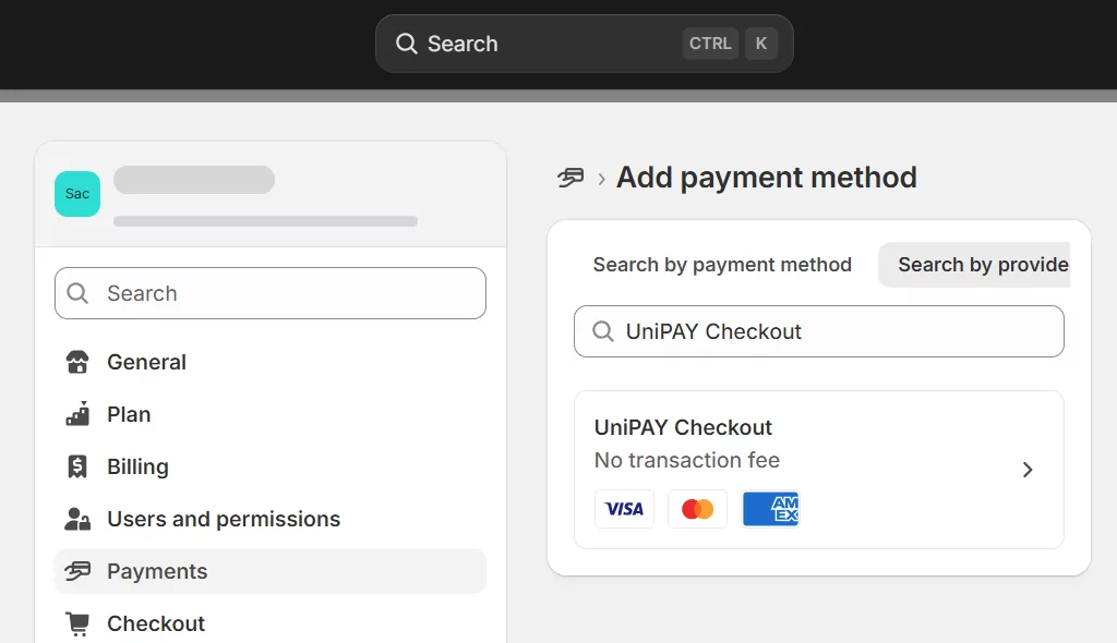 unipay checkout shopify payment method